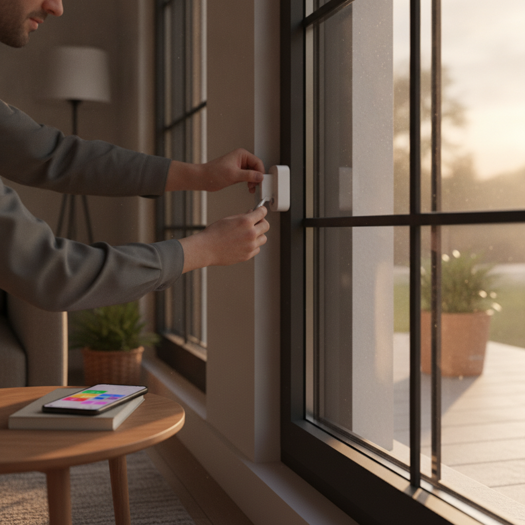 Technician installing a smart window sensor in a modern home – professional smart window sensor installation