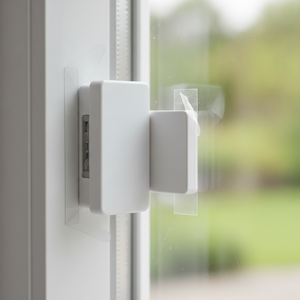 Close-up of a smart window contact on a window frame – smart window sensors detail