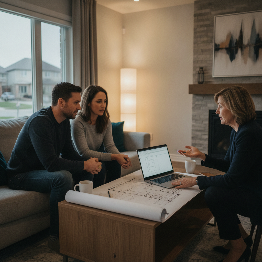 Brampton homeowners reviewing CMA strategy with a REALTOR in a modern living room