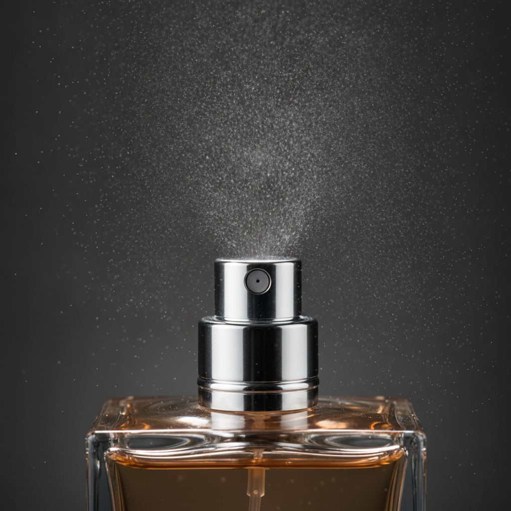 Close-up of a perfume atomizer spraying fine mist, illustrating how to buy fragrance and test projection and sillage