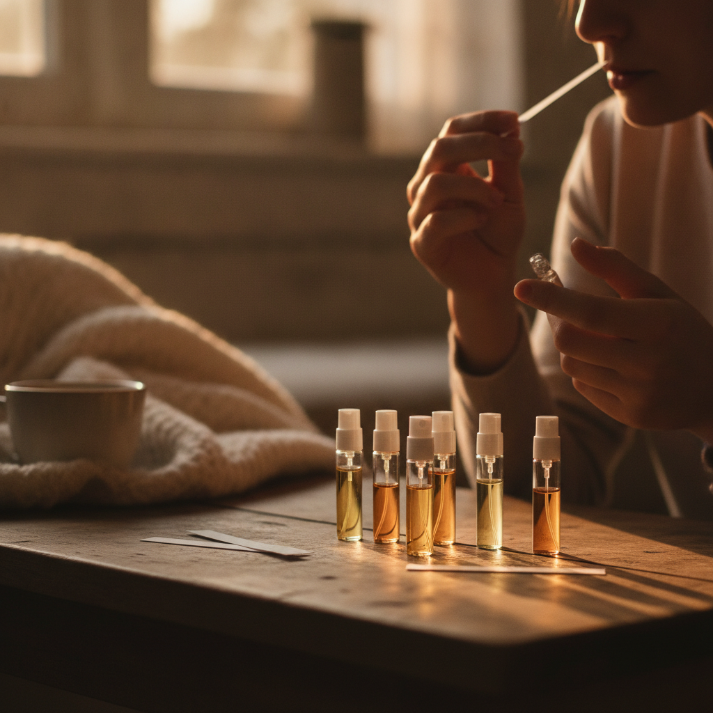 Lifestyle scene of a discovery perfume set with sample vials and blotter strips, showing how to buy fragrance the smart way