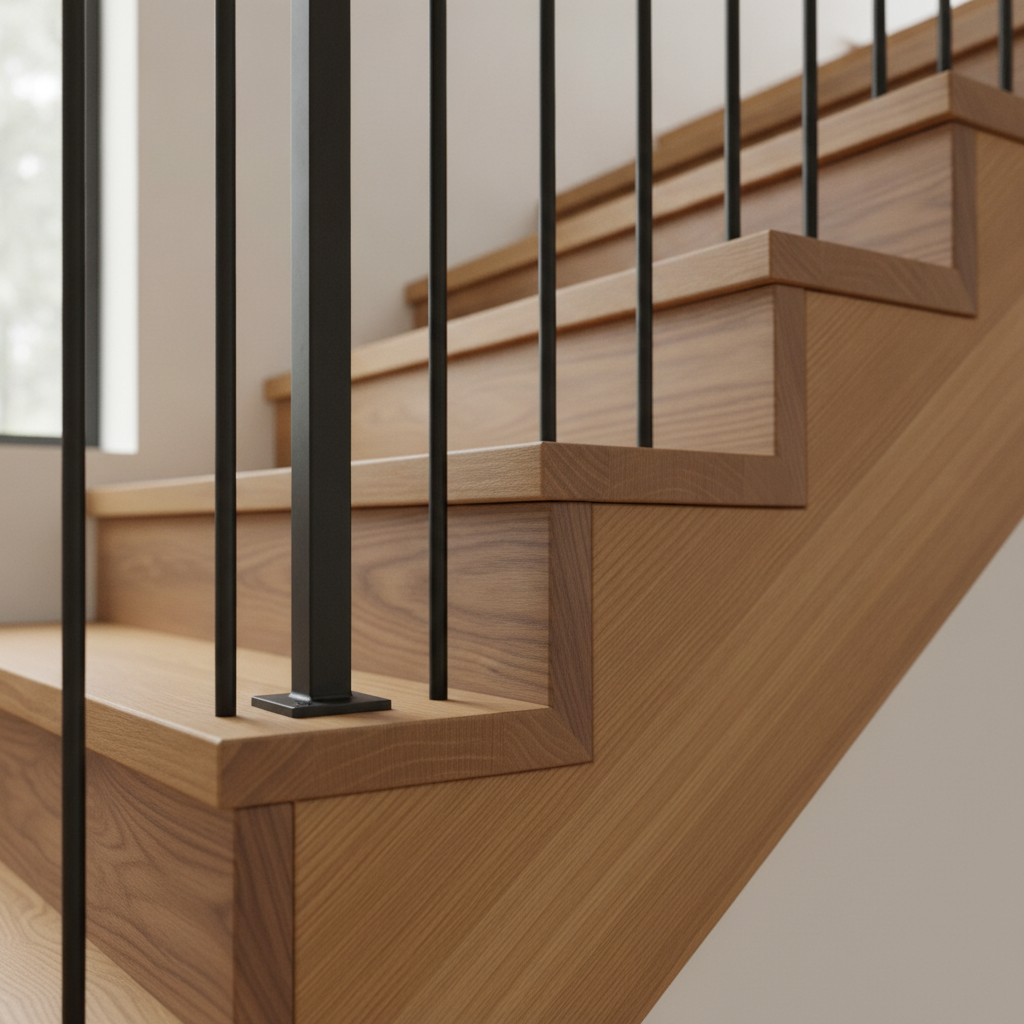 Detail of custom staircase craftsmanship by a single-family home builder, highlighting joinery and finish quality