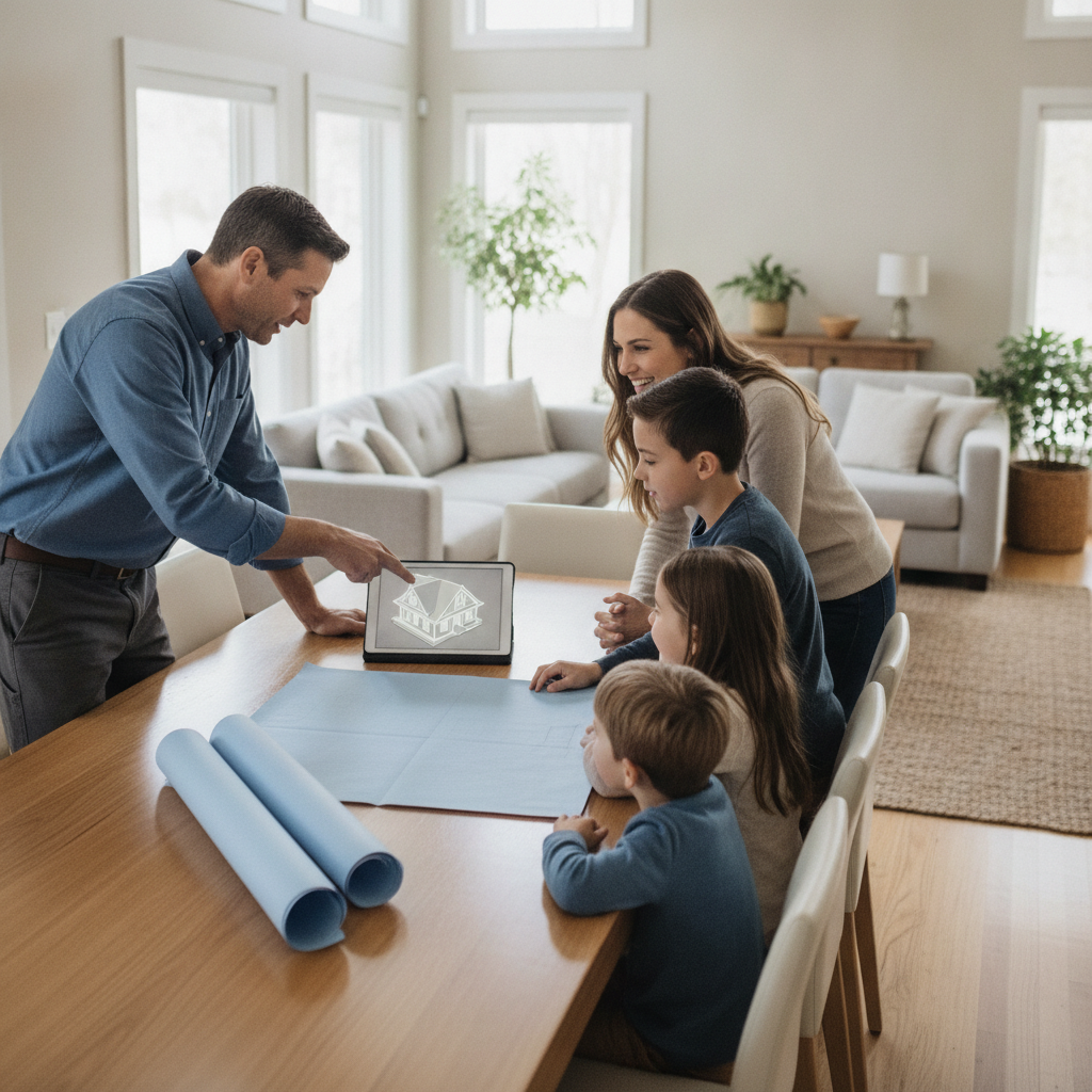 Design meeting between a family and a single-family home builder reviewing floor plans and 3D model