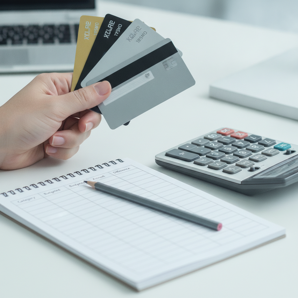 Close-up budgeting scene with multiple credit cards and calculator to understand credit card interest math and payoff strategies