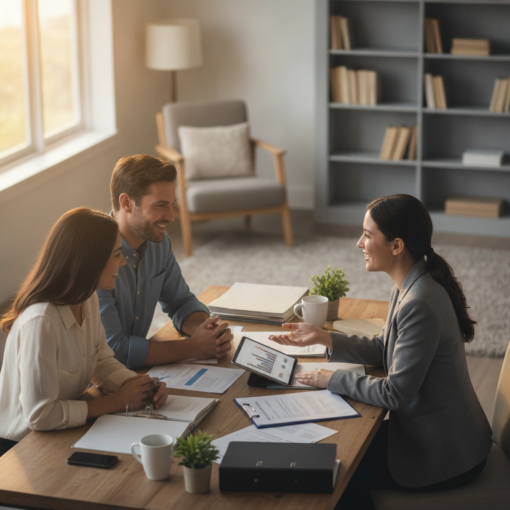 Couple meeting a mortgage advisor in a bright office discussing responsible consolidation and refinance options in Mississauga
