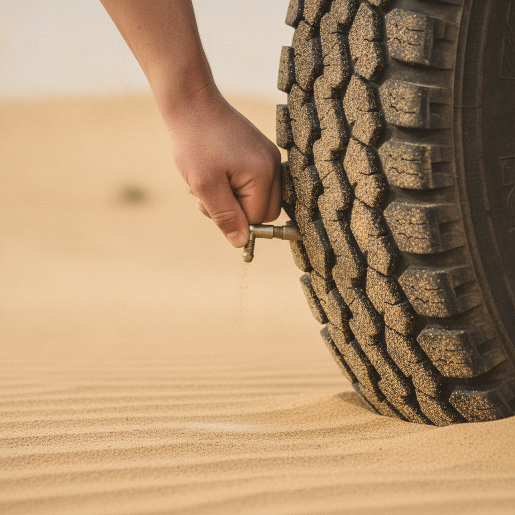 Close-up of 4x4 tire deflation before dune bashing on Dubai desert sand, illustrating how desert safari Dubai tickets include vehicle prep