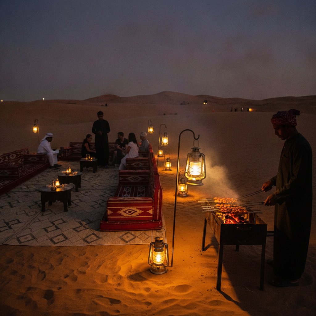 Evening desert camp in Dubai with lanterns and majlis seating, a typical inclusion with desert safari tickets