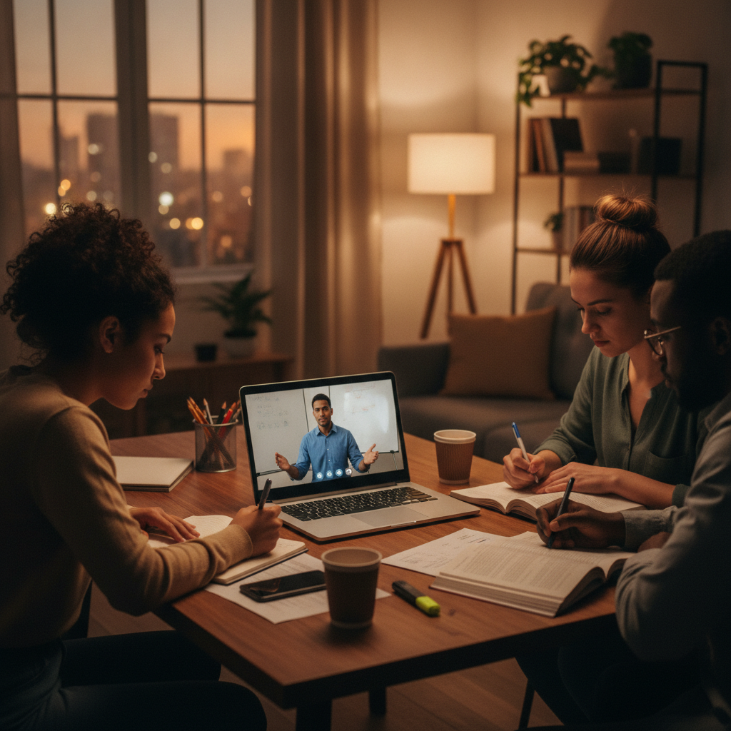 Group of beginners attending an online stock trading class with an instructor on a laptop, taking notes and learning disciplined trading routines