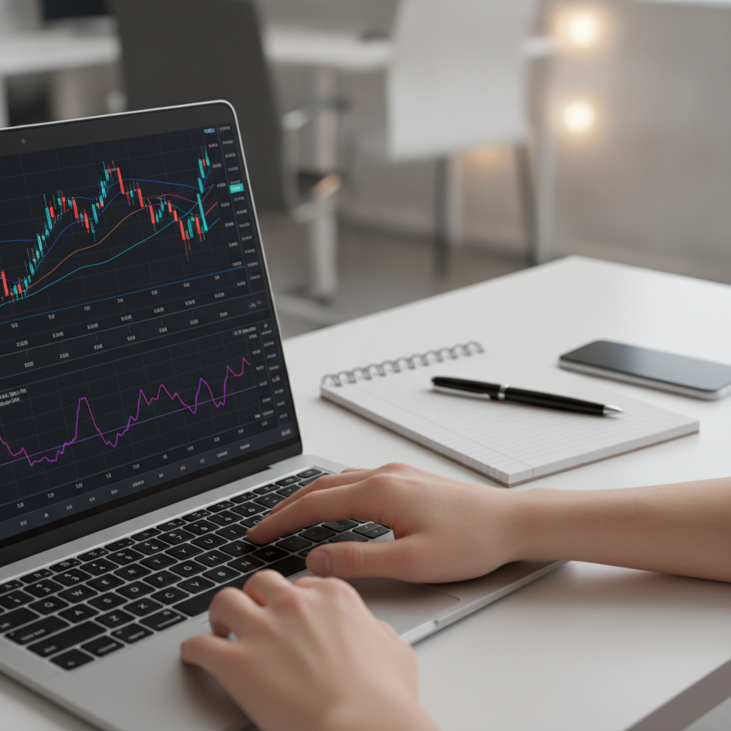 Close-up of analyzing beginner stock charts with moving averages and RSI during a stock market course for beginners