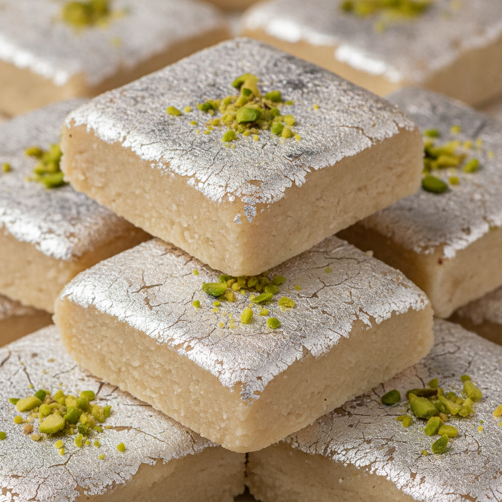 Kaju katli cashew barfi close-up showing diamond cuts and pistachio garnish – Indian mithai sweets detail