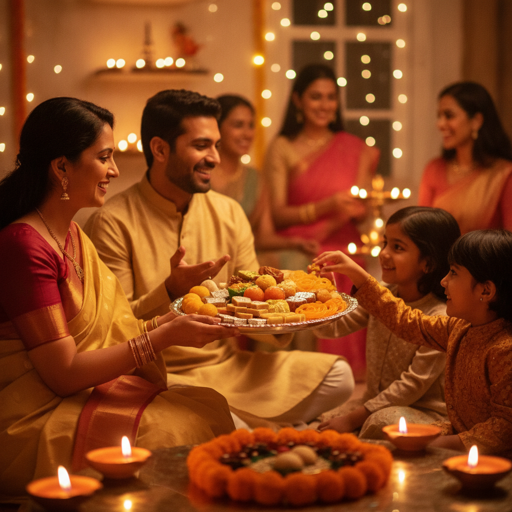 Festive Brampton home scene serving a colorful platter of Indian mithai sweets with warm evening ambiance