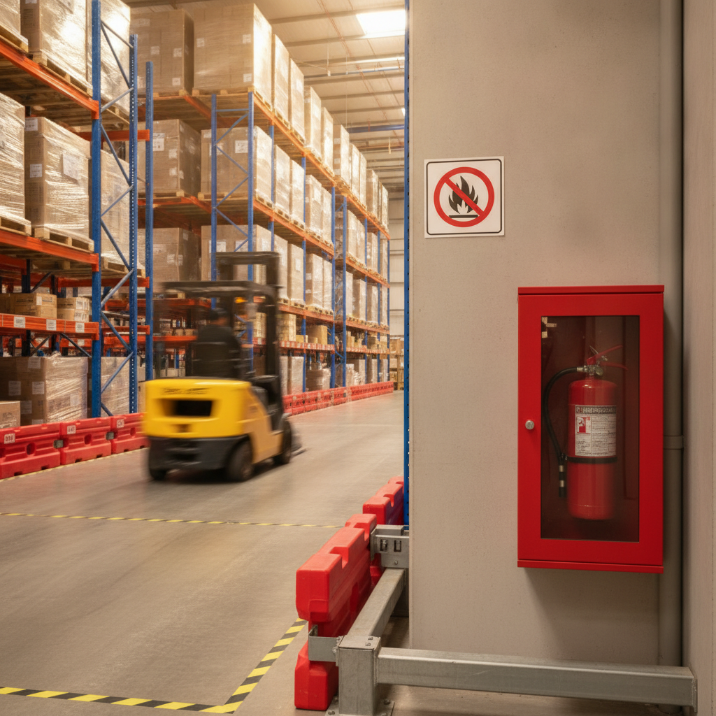 Warehouse aisle scene with fire equipment and high-visibility safety markers illustrating NFPA 170 fire protection symbols as part of an industrial signage program
