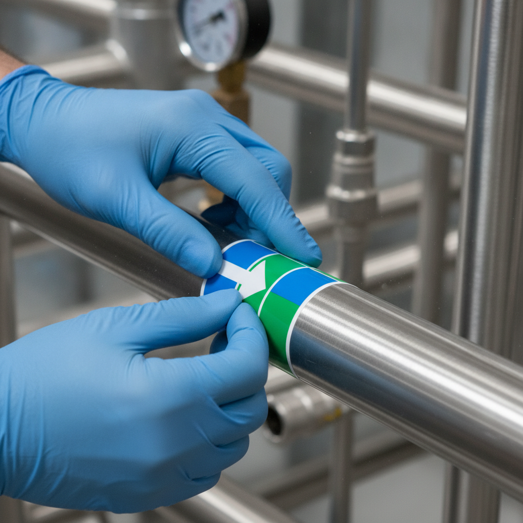 Close-up of ASME A13.1 style pipe marker being applied to stainless process piping in an American industrial facility, illustrating industrial signage and piping identification best practices