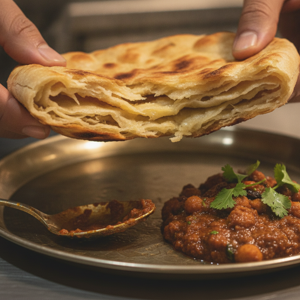 Close-up of Amritsari kulcha showing flaky layers with desi ghee beside tangy chole masala — the essential chole kulche combo