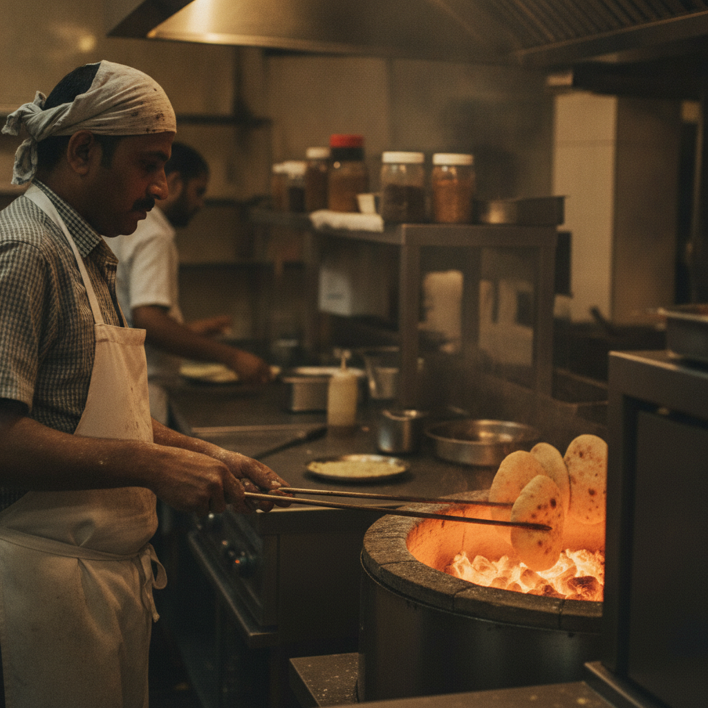 Tandoor cook placing kulcha on the hot wall, glowing coals below—capturing the high-heat technique behind Amritsari kulcha blisters