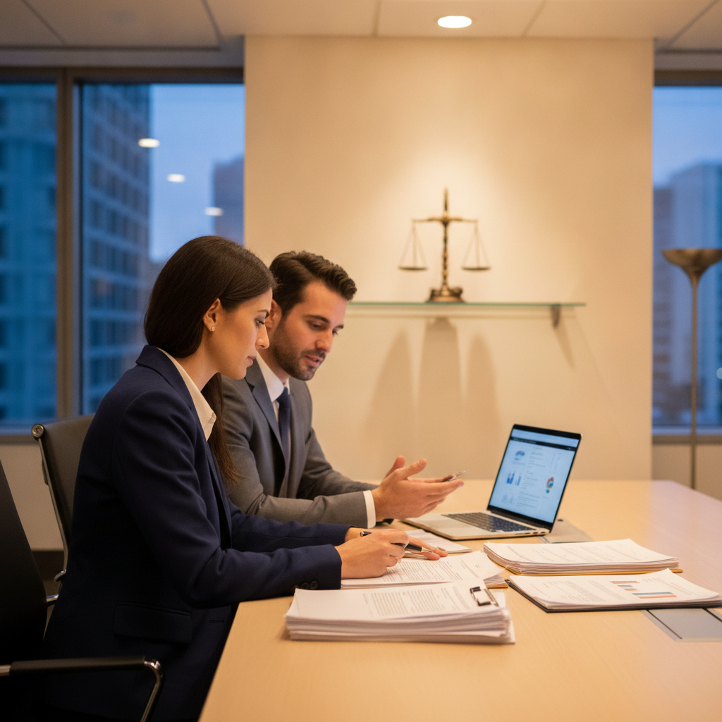 Attorney consulting a client in a modern law office about Ontario speeding ticket defense strategy