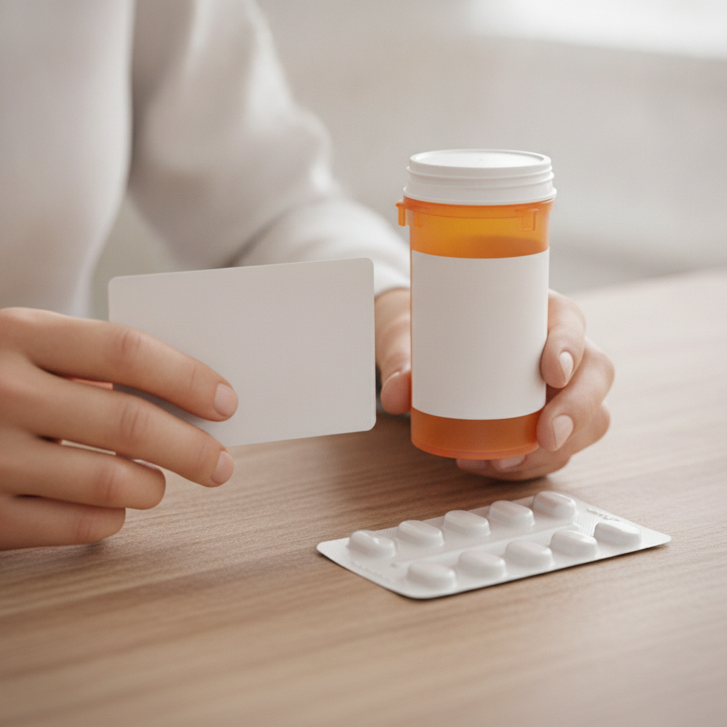 Close-up of Suboxone payment assistance concept with unbranded prescription bottle, insurance card, and sublingual medication on table