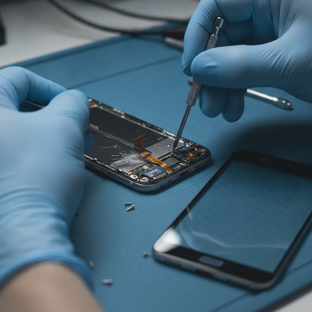 Close-up of a technician replacing a smartphone screen on anti-static mat at a neighborhood repair shop