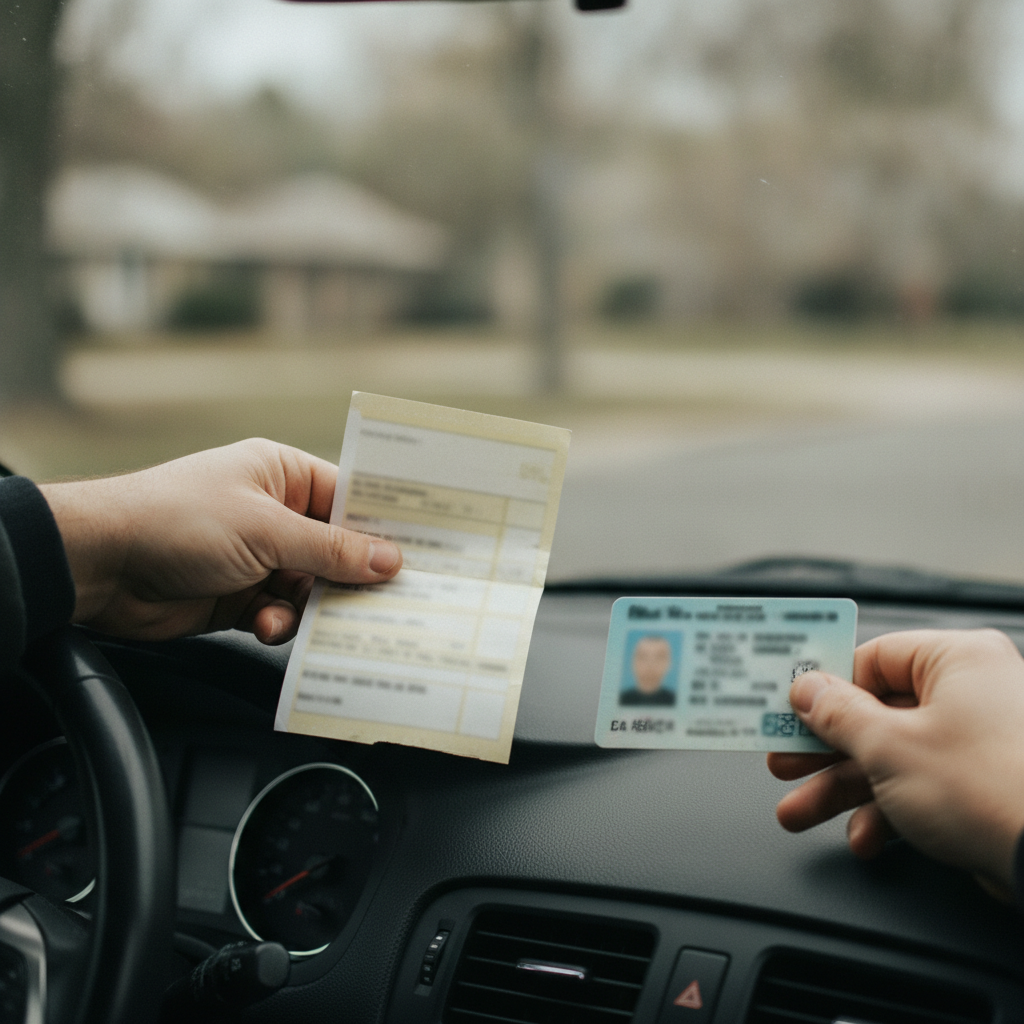 Close-up of a traffic ticket and driver’s license on a dashboard, illustrating evidence review steps a speeding citation lawyer uses in Ontario