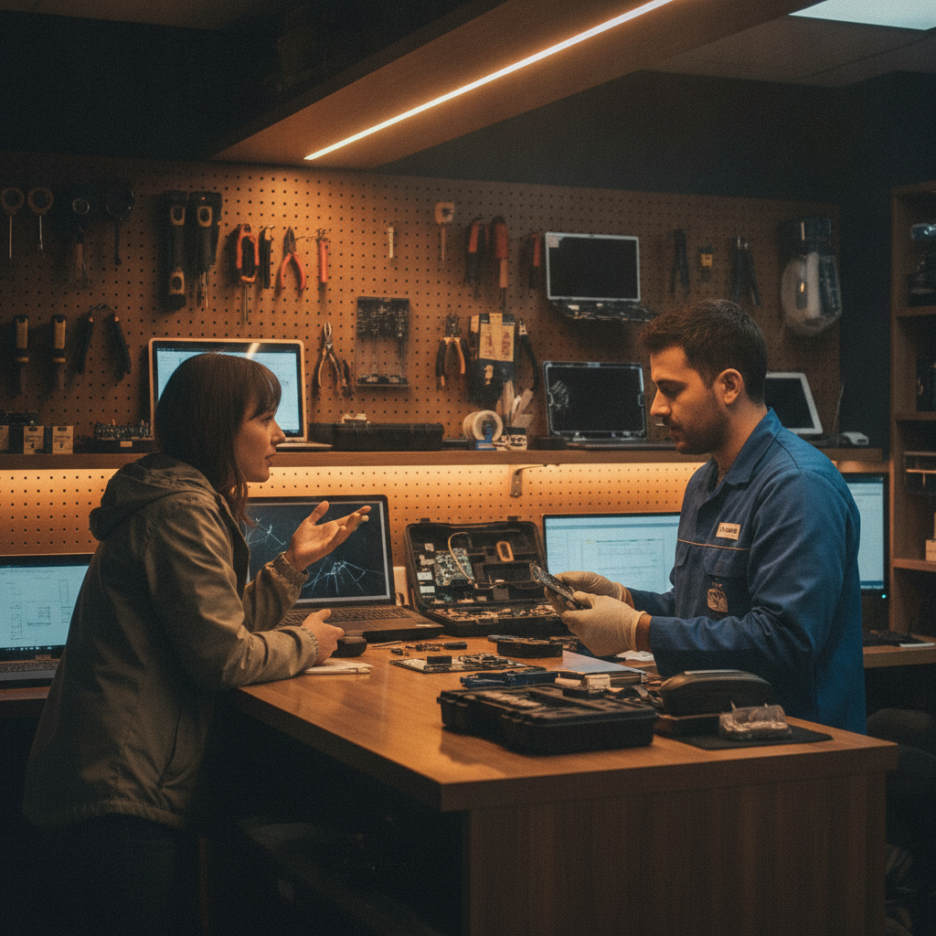 Customer and technician discussing a repair plan at a neighborhood electronics service counter in Southview