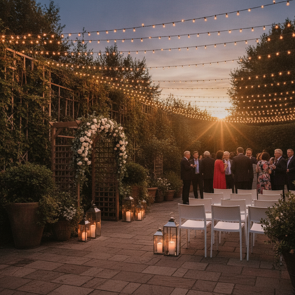 Outdoor patio wedding ceremony scene at Mississauga Convention Centre with string lights and modern chairs for a social wedding vibe