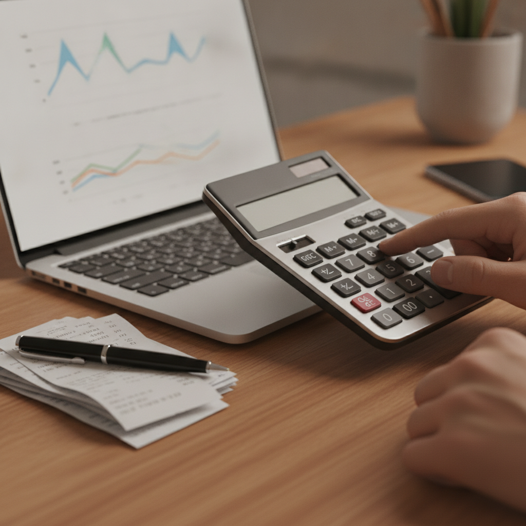 Detail shot of hands calculating cash flow next to a laptop during month-end close; finance for accountants in Parramatta