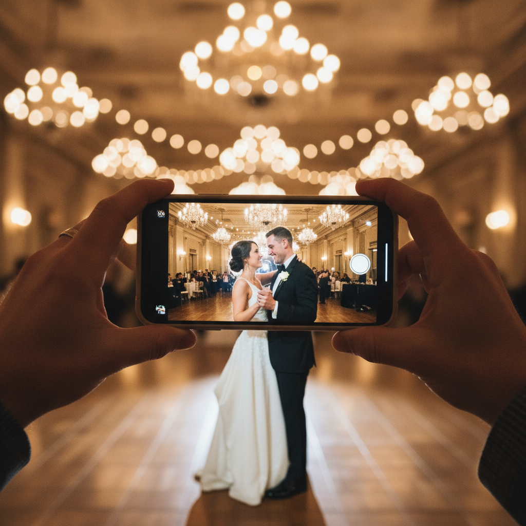 Close-up smartphone capturing bride and groom first dance at a social wedding in Mississauga Convention Centre ballroom