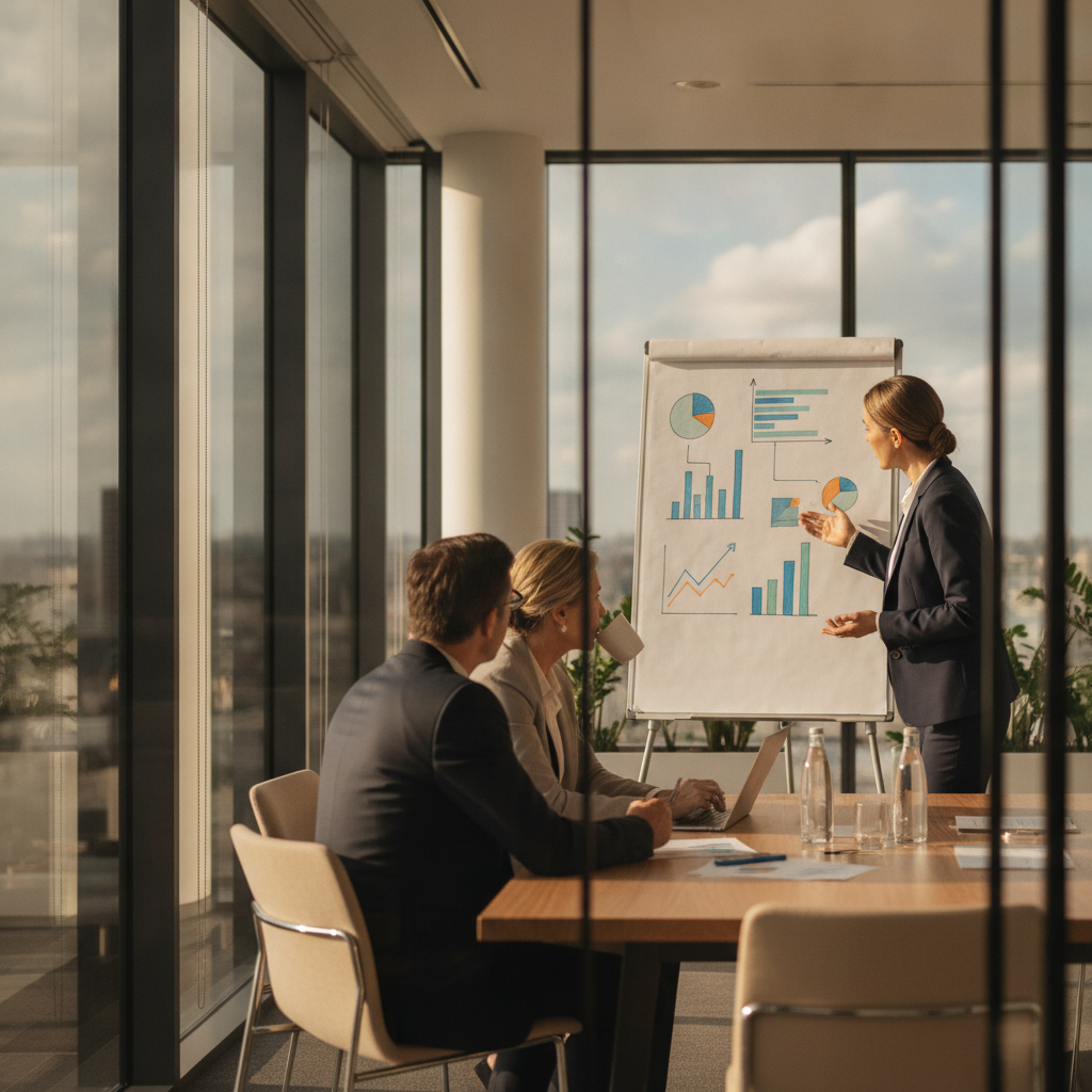 Advisor meeting with client in a glass-walled room reviewing a KPI scorecard and forecast; finance for accountants workflow