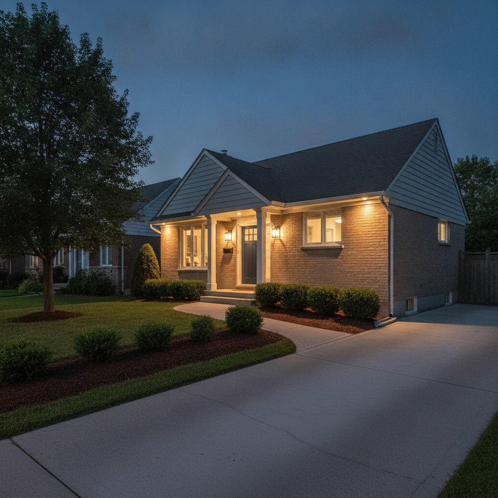 Mississauga curb appeal at dusk: trimmed hedges, warm porch lights, and a freshly painted front door before listing