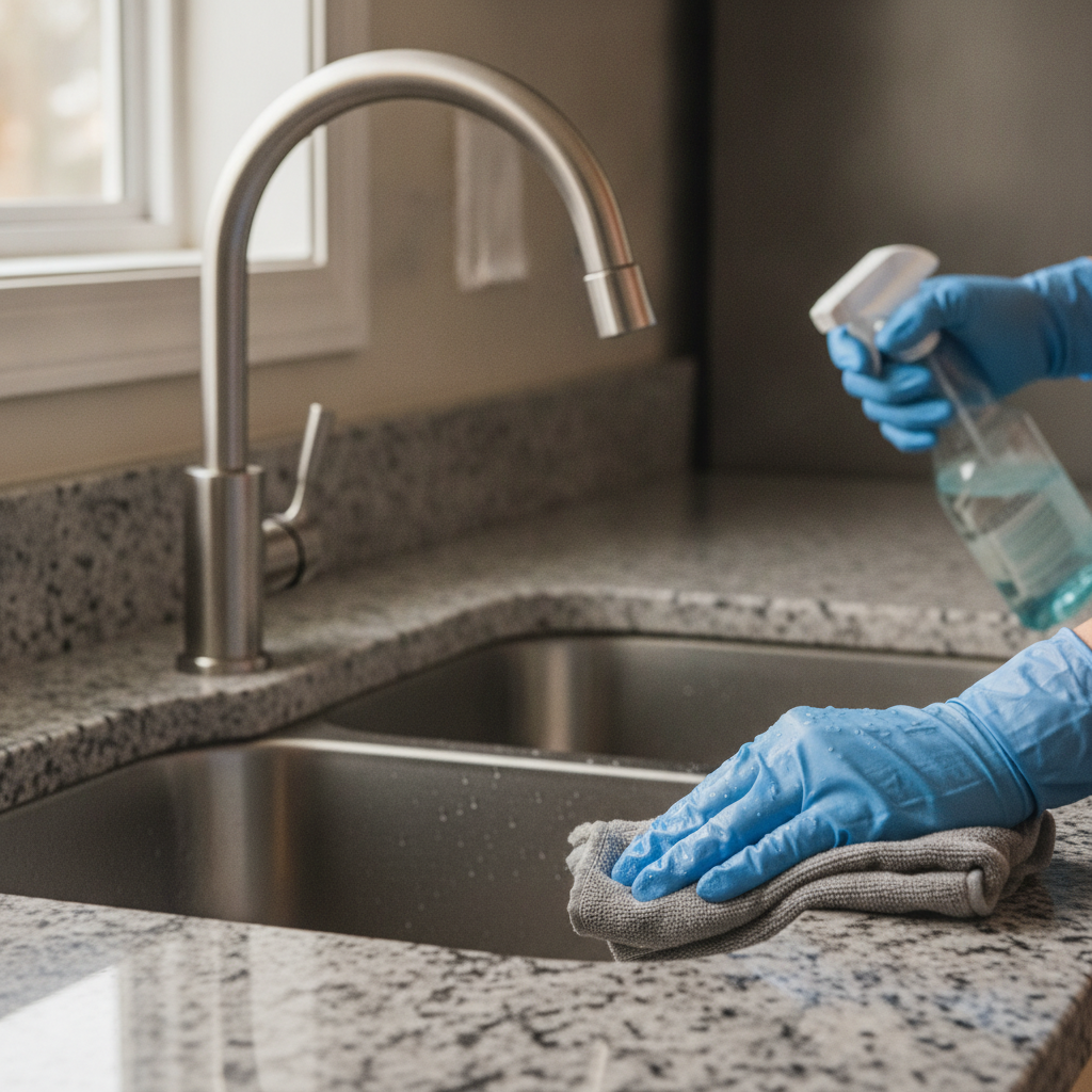 Peel Region seller checklist detail: polishing fixtures during pre-listing home preparation in a Mississauga kitchen