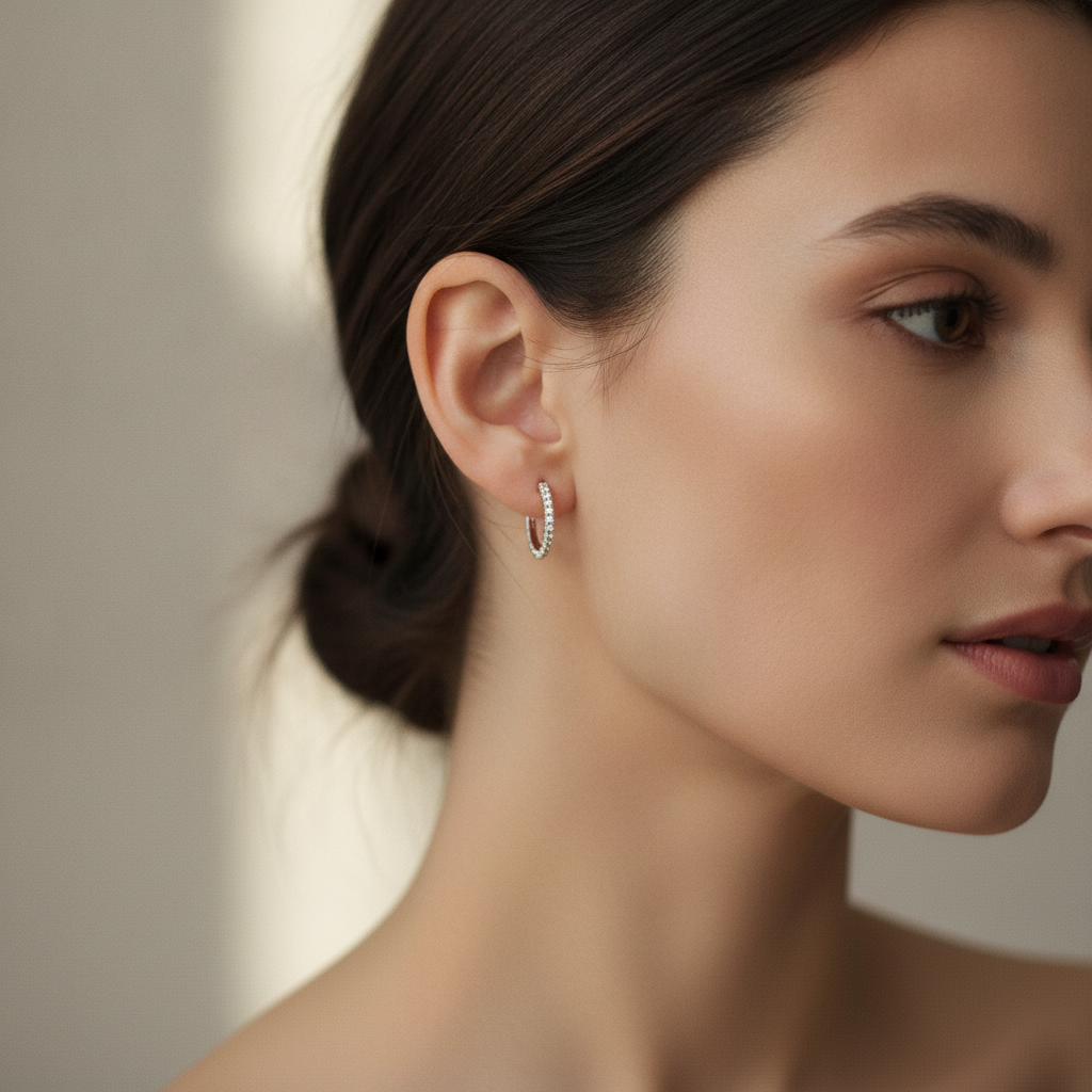 Lifestyle side profile showing slim diamond hoops in a hinged click-secure design, illustrating comfortable everyday wear