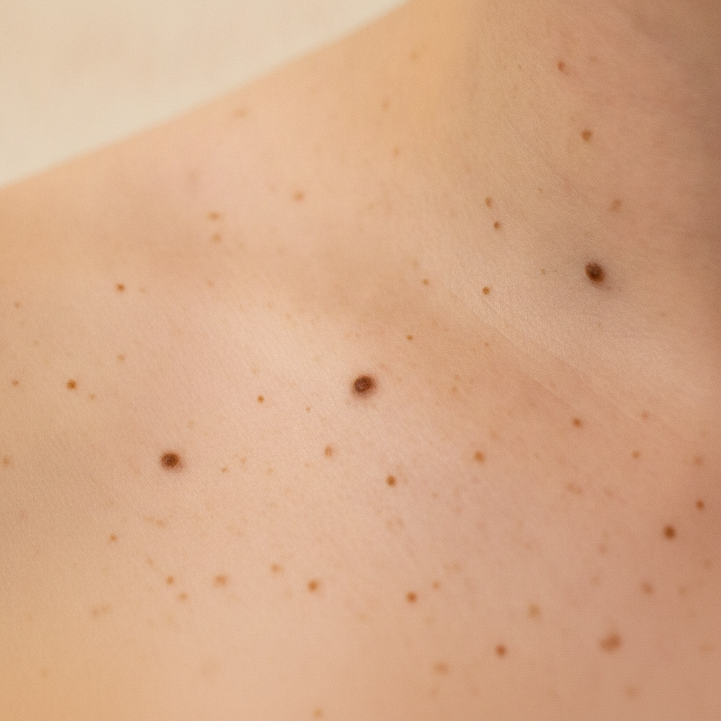Close-up photo of natural skin with moles and freckles for body moles reading by astrology context