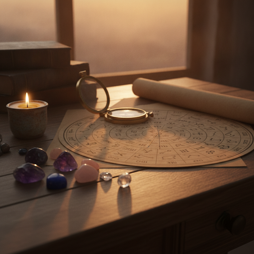Astrologer desk with natal chart and gemstones supporting mole reading by astrology interpretation