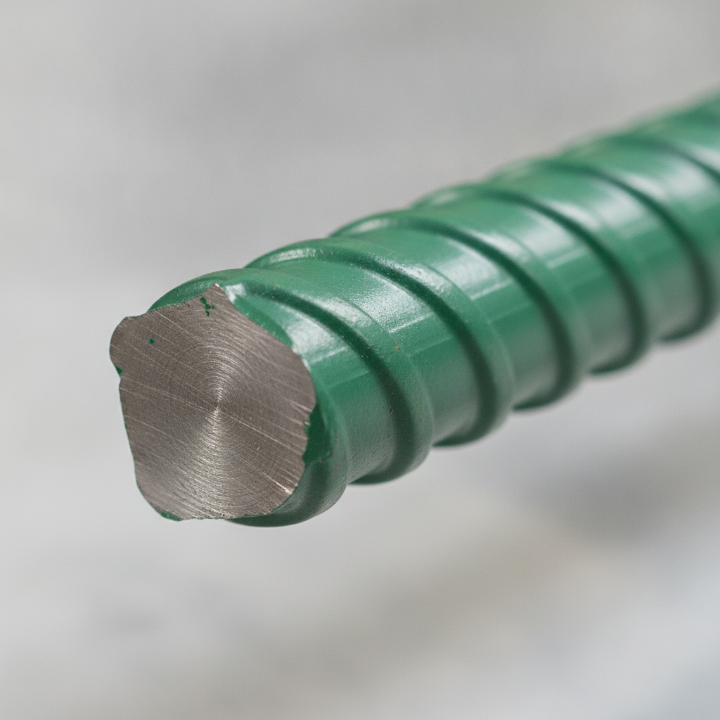 Close-up of epoxy-coated Grade 500W reinforcement bar showing green coating and ribs for Ontario concrete work