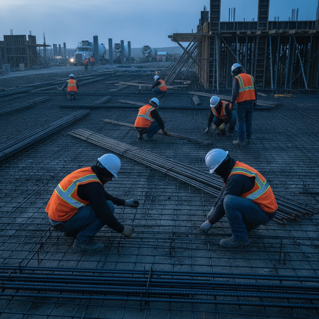 On-site rebar assembly scene in Ontario with crews tying bars and welded wire mesh before a concrete pour