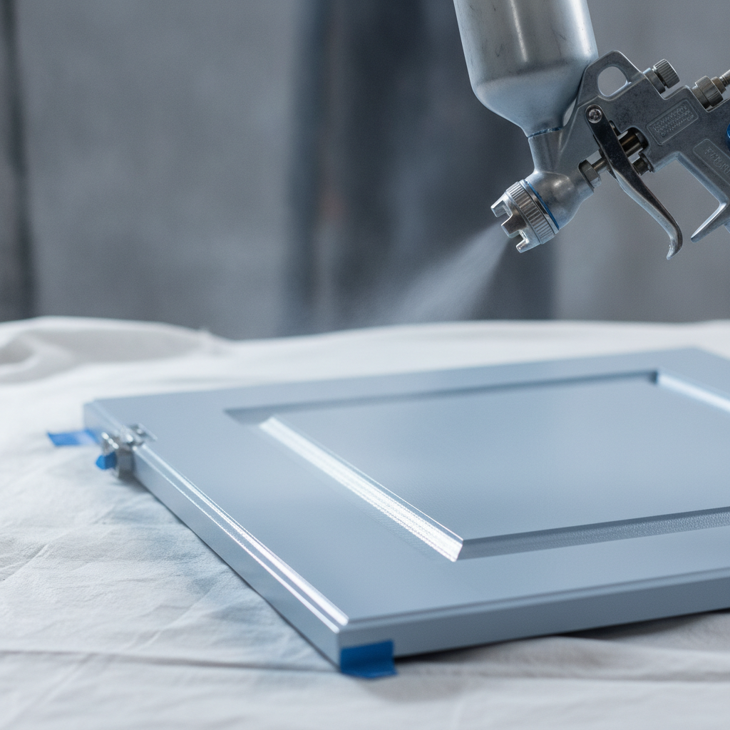 Close-up of HVLP spray applying cabinet-grade enamel to a detached bathroom vanity door in Toronto, showing smooth atomization and wet edge for a durable finish