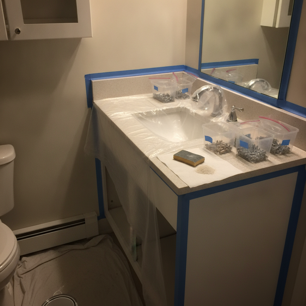 Bathroom vanity painting prep in a compact Toronto bath: doors removed, hardware organized, surfaces masked, and sanding sponge staged for professional refinishing