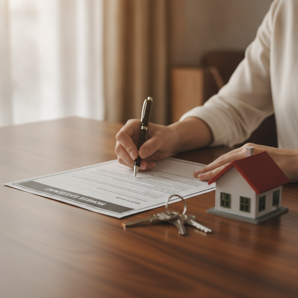 Detail of signing a home sale agreement with keys, showing how sellers plan the cost to sell a house and protect net proceeds