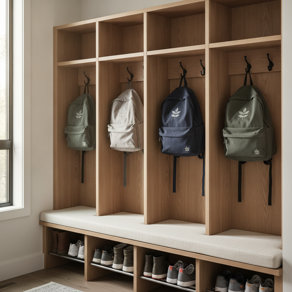 Mudroom storage in a modern Summerside family home, organized cubbies and hooks for Edmonton families
