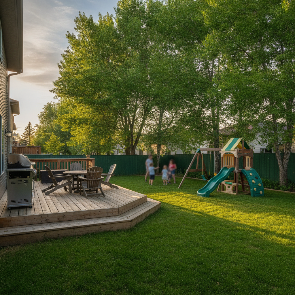 Fenced Summerside backyard with deck, BBQ, and play set in Edmonton, golden hour light