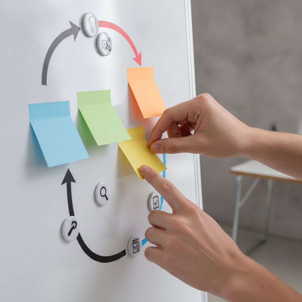 Close-up of structured planning for ChatGPT SEO optimization with sticky notes forming topic clusters