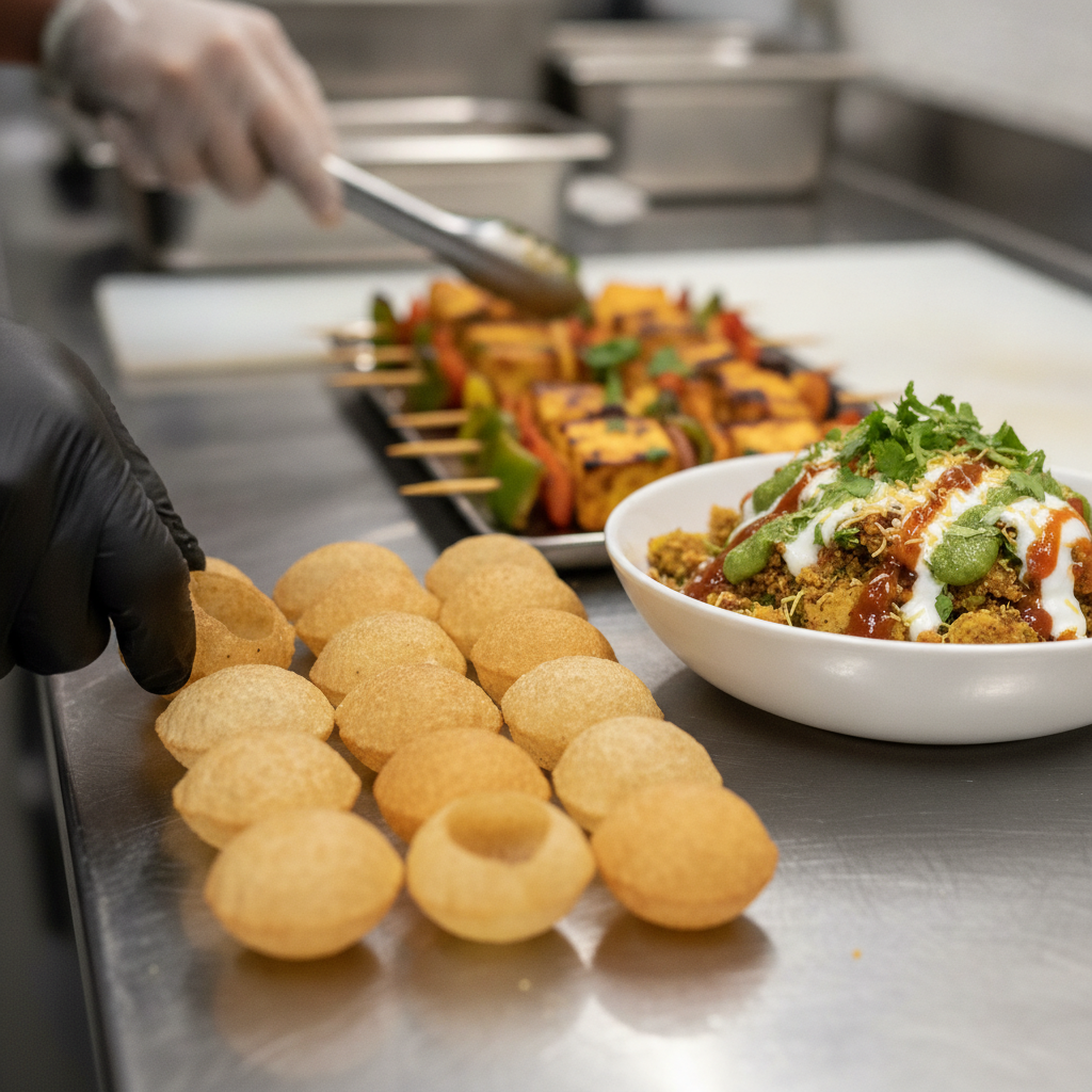 Close-up of chaat appetizers and paneer tikka skewers being plated for Indian catering near Hamilton Plaza