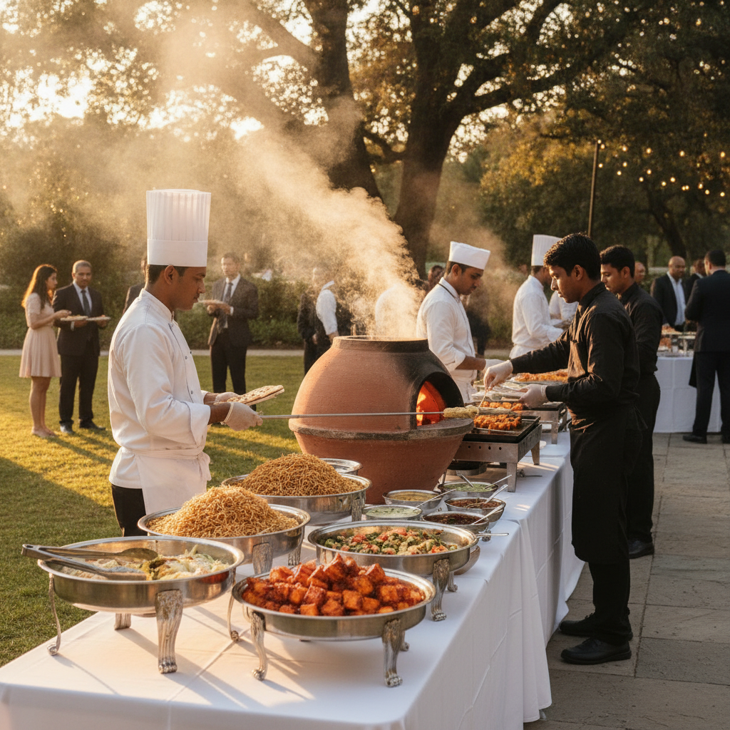 Catering team setting up a tandoor and buffet station with Hakka noodles and sizzlers for an outdoor event near Hamilton Plaza