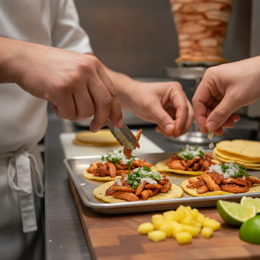 Close-up of tacos being assembled at a Mexican grill with fresh cilantro, onions, and marinated meat for a group meal