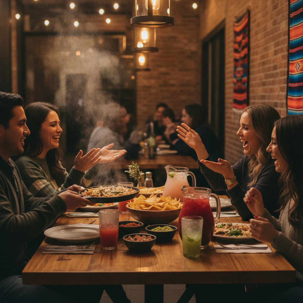 Group of friends sharing Mexican grill platters family-style at a cozy neighborhood restaurant in Old Toronto