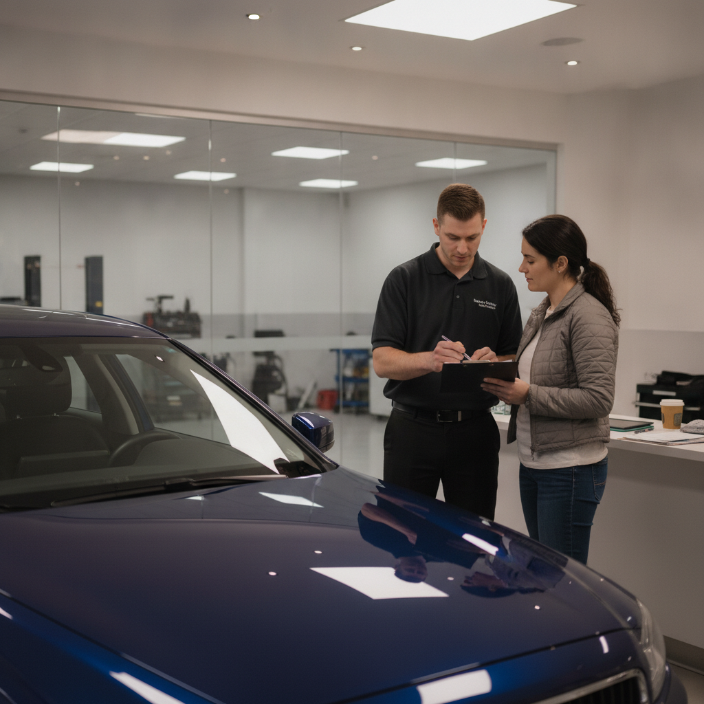 Service advisor reviewing ICBC post-repair paperwork with a driver at a Burnaby collision shop