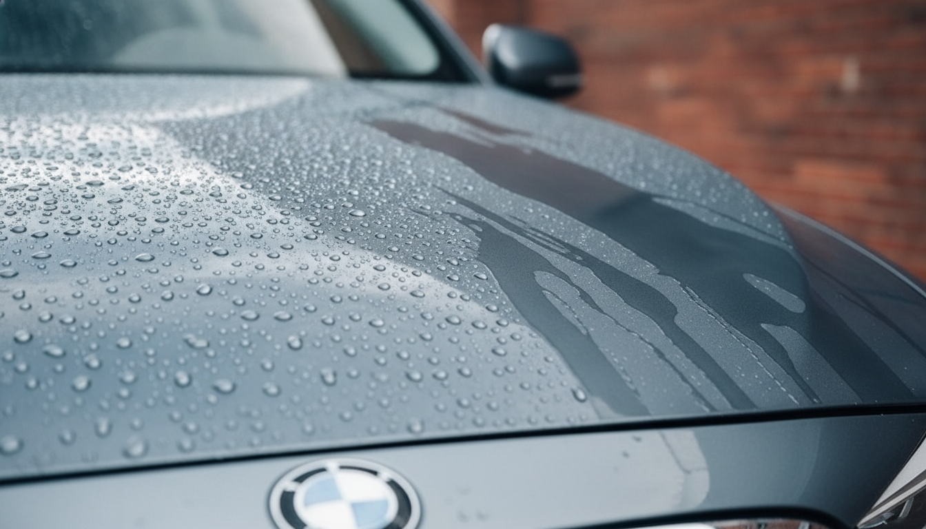 Hydrophobic water beading on ceramic-coated car hood demonstrating daily driver ceramic coating benefits