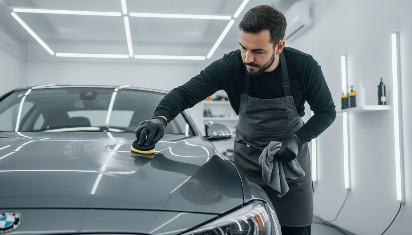 Professional detailer applying ceramic coating to a car panel under bright shop lights for a daily driver