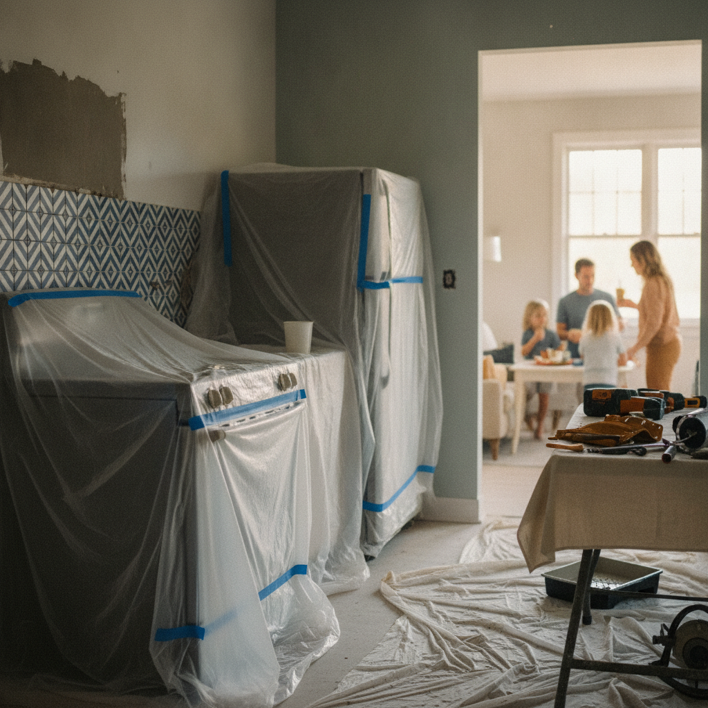 Kitchen mid-renovation in an occupied apartment—appliances protected, one wall tiled, another painted; organized tools and clear walk path