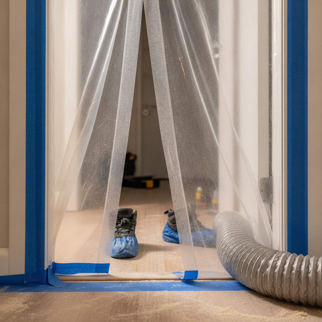 Door threshold containment for apartment renovation with plastic zip barrier, painter’s tape, and HEPA hose—tenant-safe dust control in occupied buildings
